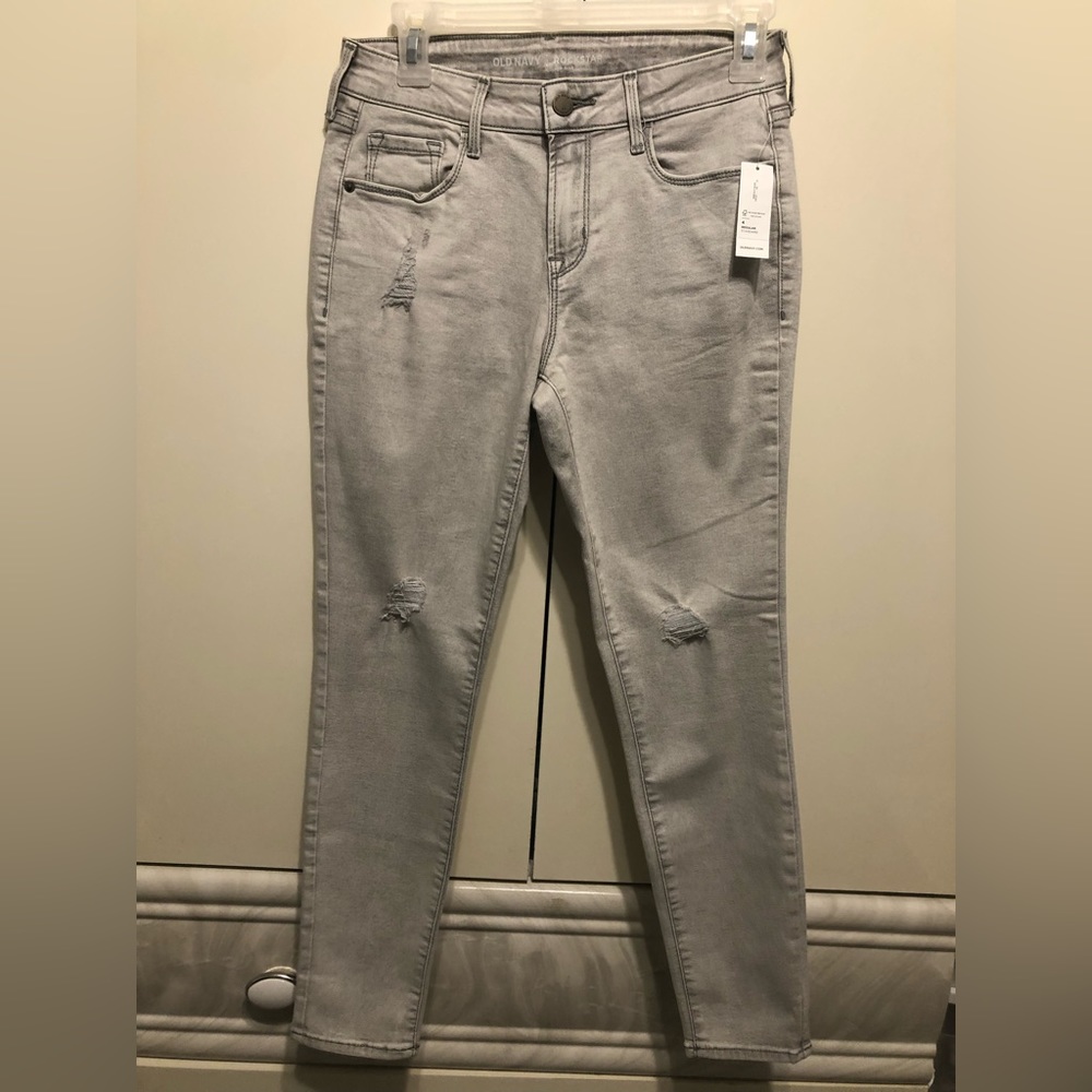 New Old Navy Gray Distressed Rockstar Mid Rise Stretch Skinny Jeans Sz 4